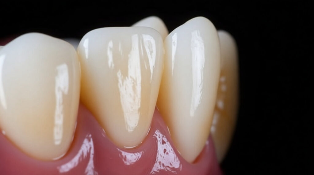 Gros plan sur une rangée de dents blanches et éclatantes avec des gencives roses et saines sur fond noir. Représente un résultat d'un blanchiment dentaire.