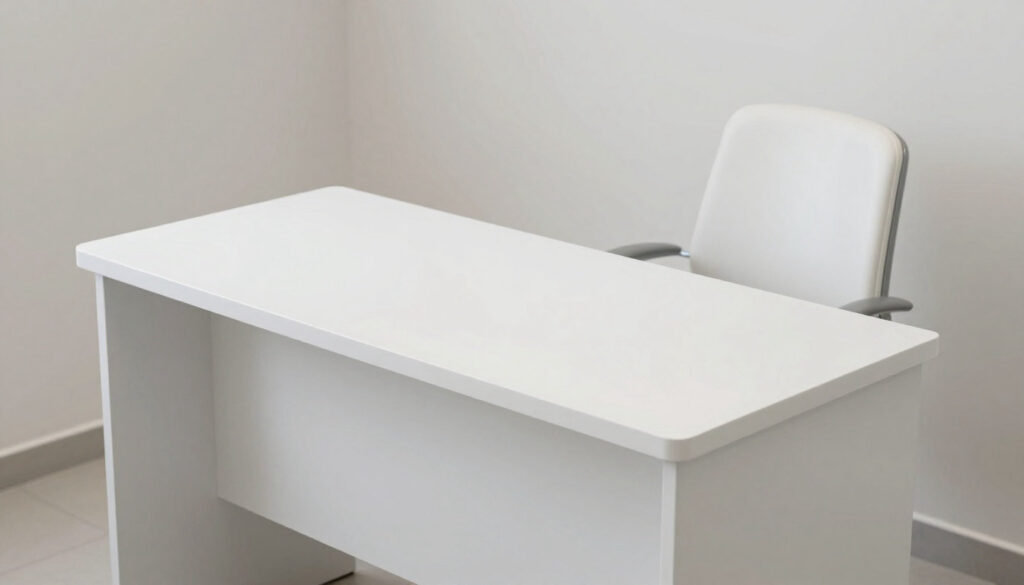 Un bureau blanc vide et une chaise blanche dans une pièce aux murs clairs, évoquant un espace de consultation propre.